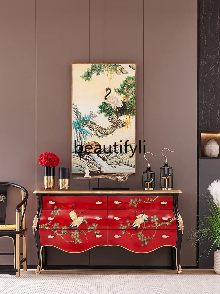 

New Chinese retro Chinese style red hand-painted pine crane solid wood French entrance entrance decoration foyer side cabinet