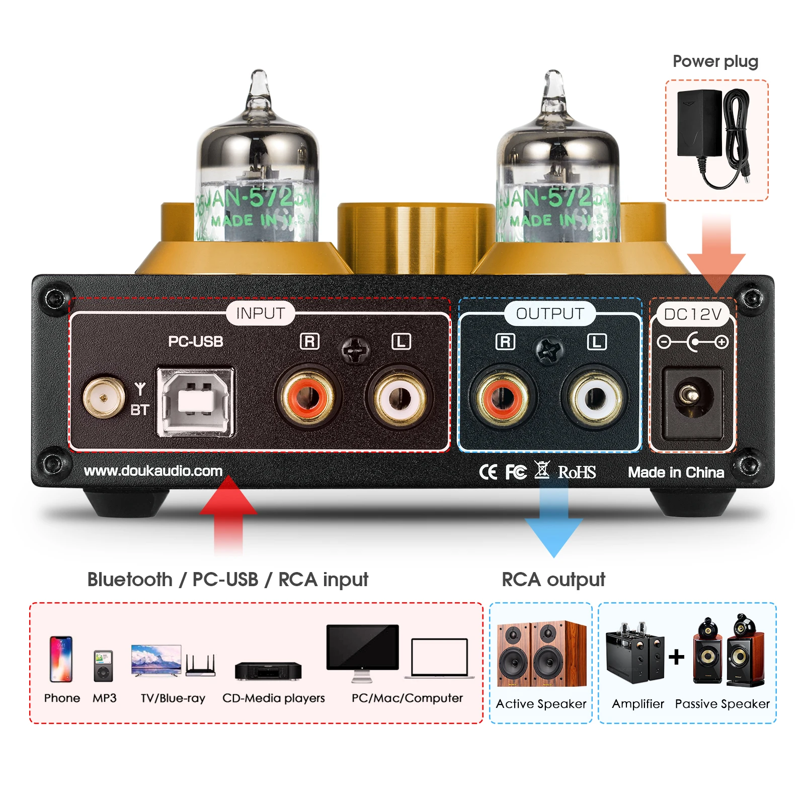 Nobsound HiFi Bluetooth 5.0 JAN 5725 Valve Tube Preamp Bass Preamplifier Stereo Audio Headphone Amplifier USB DAC APTX