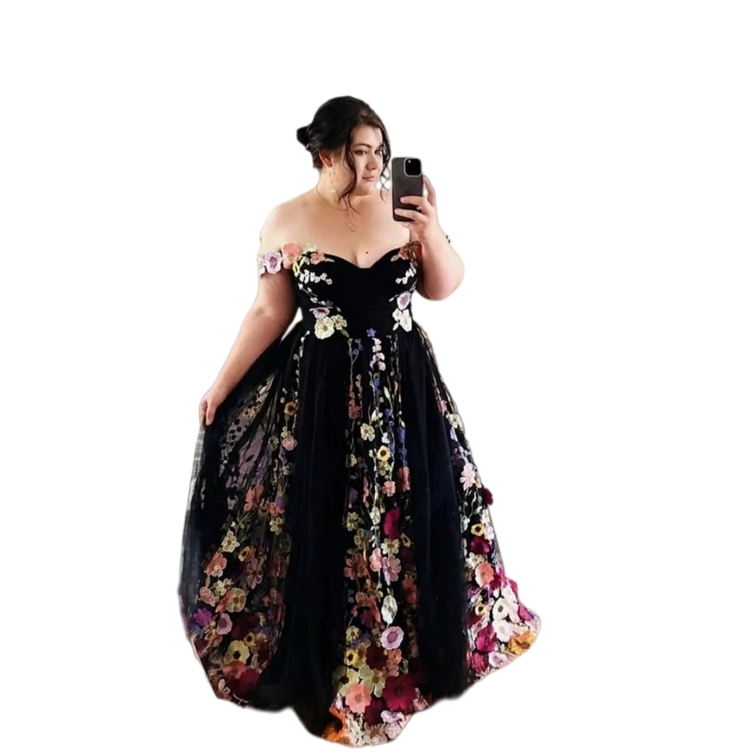 Plus Size Black Tulle Prom Dress Off Shoulder Sweetheart 3D Colorful Floral Appliques A Line Formal Evening Gown Customized