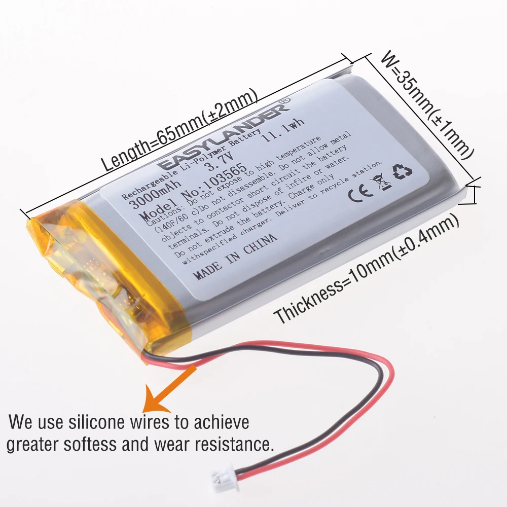 10pcs/Lot Silicone Wires 103565 103665 3.7V 3000mAh JST1.25 2P   Li-Polymer Battery  for console Miyoo Mini Plus Game machine