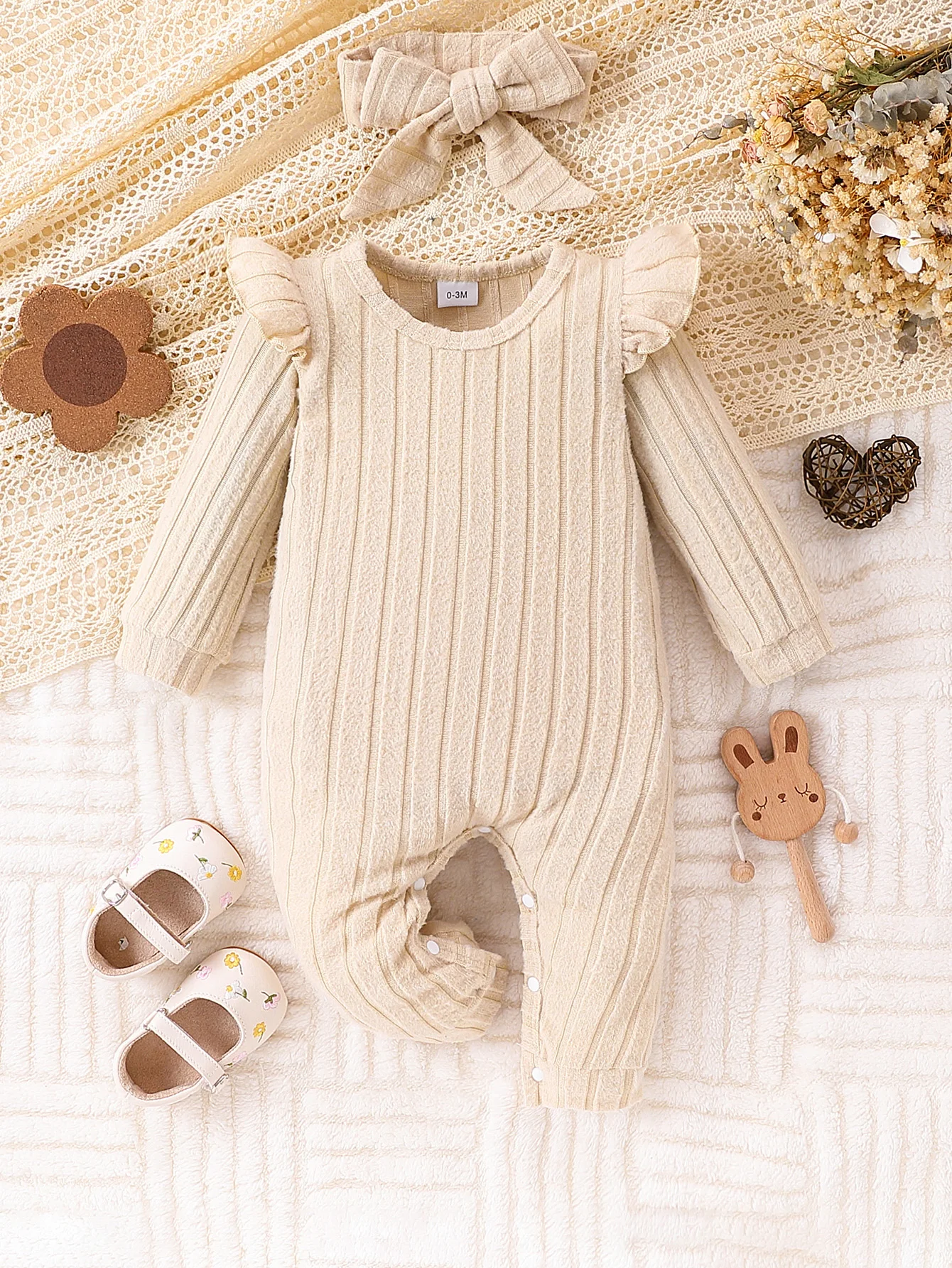 Baby-Strampler, gestrickt, gestreift, Stoff, langärmelig, mit Spitzensaum unten, Druckknopf, passendes Haarband für Kleinkinder