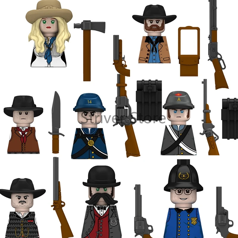 MOC Military US Soldier Figure Building Block Western Cowboy Valkyrie Witch Blacksmith Farmer Detective Bricks Toys Kid Gift T11