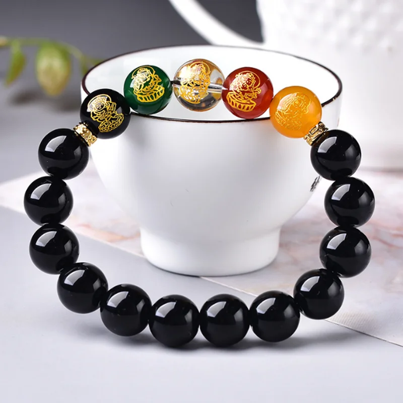 Feng Shui Gift Five Elements God of Wealth Obsidian Bracelet for man and women Handmade good Lucky Amulet Jewellery