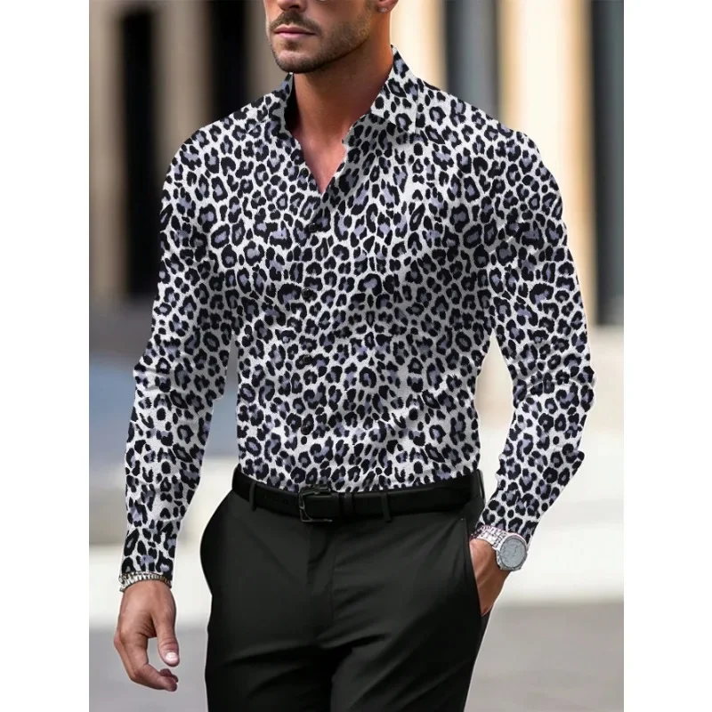 Men's Yellow and White Leopard Print Long-sleeved Shirt with Lapel Single Breasted Outerwear Casual Breathable Top