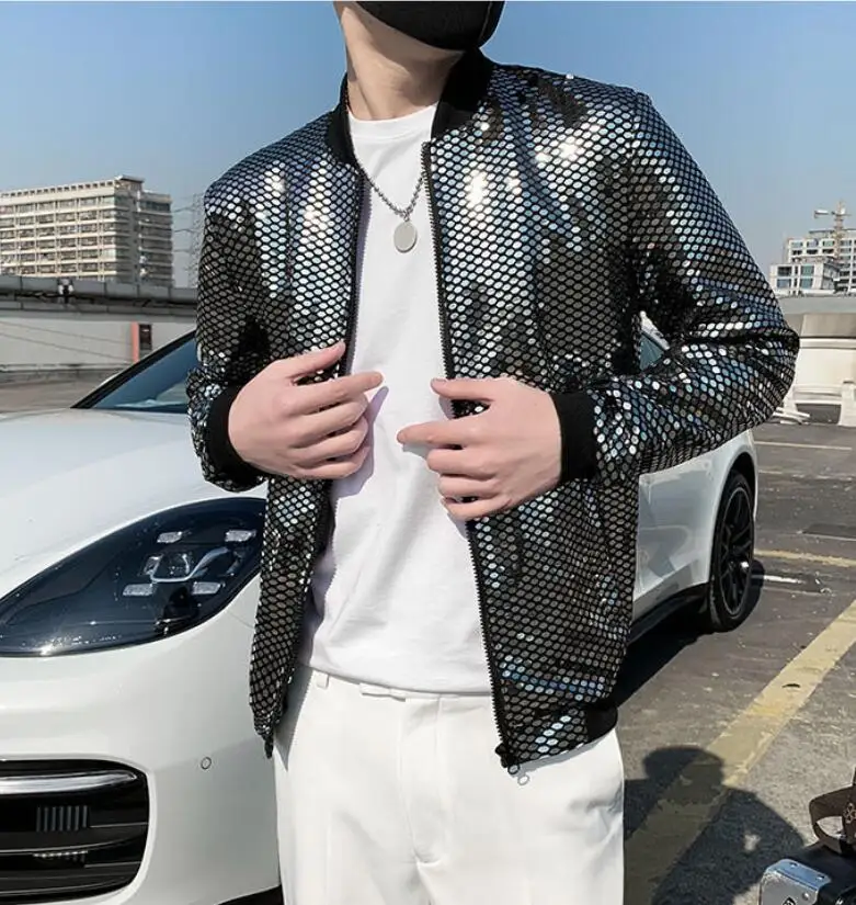

2023 Spring Summer Sequined Bomber Jacket Men Shiny Sequins Glitter Zipper Coat Hip Hop Night Club Stage Streetwear Coats w432