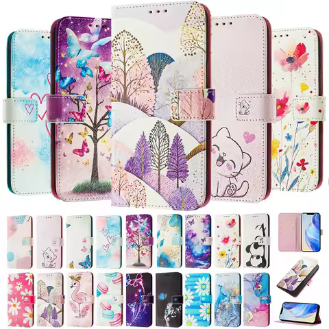 Case For Samsung Galaxy S20 S21 FE Ultra S8 S9 Plus S7 Edge Cute Cat Butterfly Flower Painting Leather Wallet Card Stand Cover