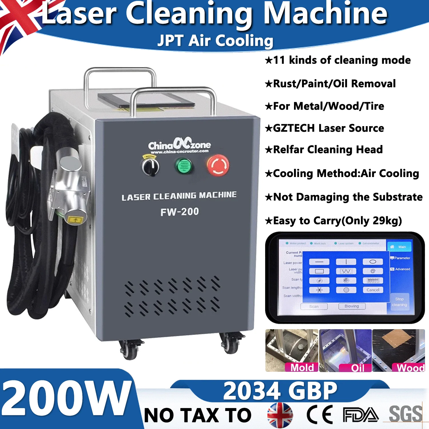 200W JPT Pulse Laser Cleaner Industrial Mold Rust Removal Cleaning Oil Paint Metal Rubber for Furniture Double Lens
