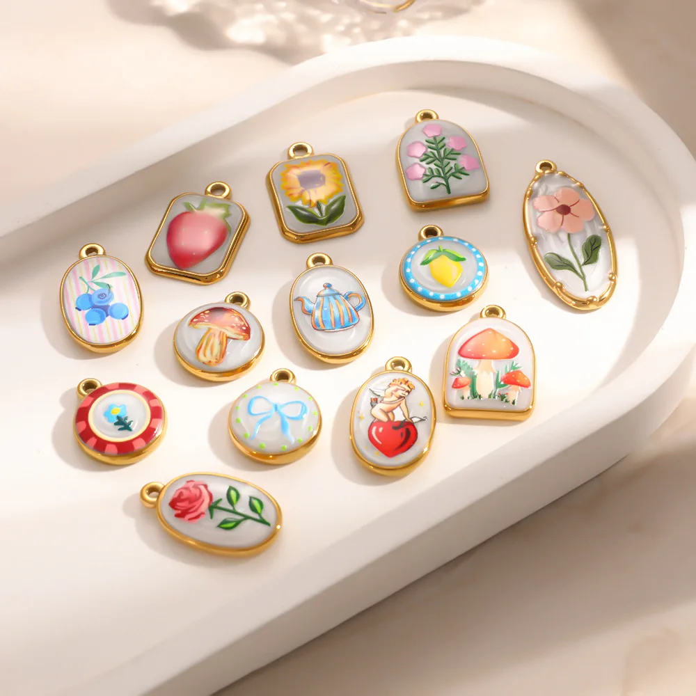 14pcs Mix Color DIY Stainless Steel Kettle Blueberry Print Oval  Pendant for Jewelry Making DIY Necklace Bracelet Accessories