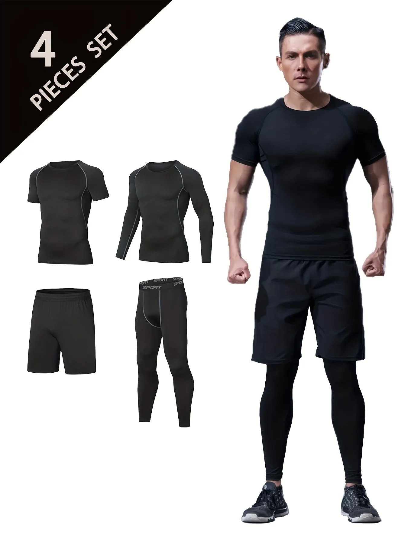 

Men's running training suit four-piece set, suitable for sports and fitness, high-elasticity quick-drying basketball suit