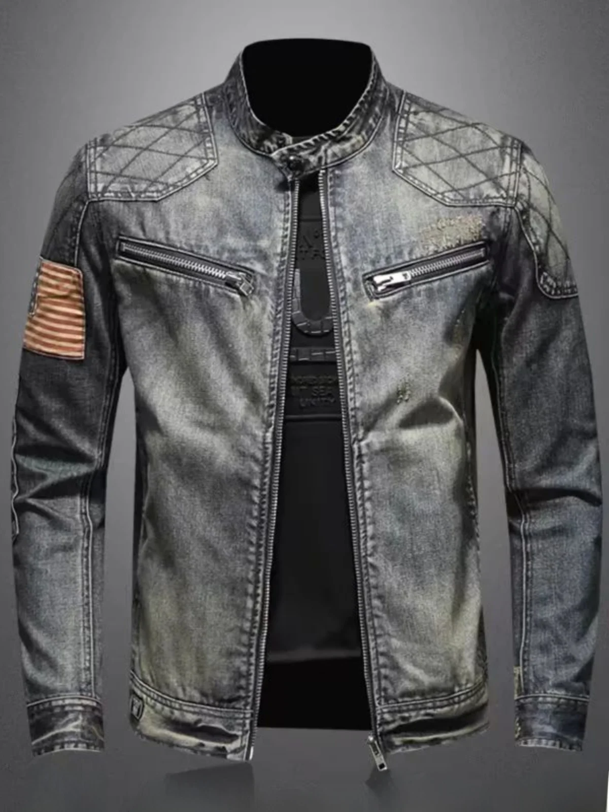 

Vintage Denim Jaet Standup Collar Men's Faionable Casual Loose Fit Youth Autumn Regular Sve Length round Ne