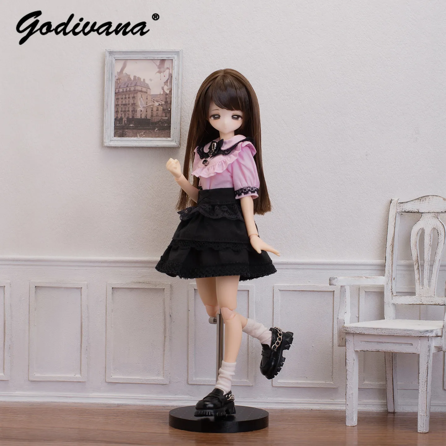 Azone Special 1/6 Blythe BJD Doll Clothes Set Sweet Lace Ruffle Trim Top and Bud Short Pleated Skirt Set Retro Princess Dress
