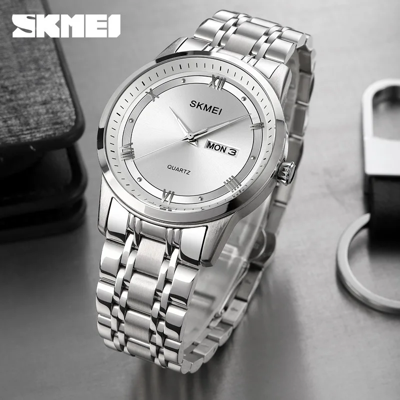 Skmei التجارة الخارجية في الهواء الطلق الترفيه مزدوجة التقويم الرجال ساعة كوارتز الأعمال الصلبة الرجال الصلب حزام ساعة