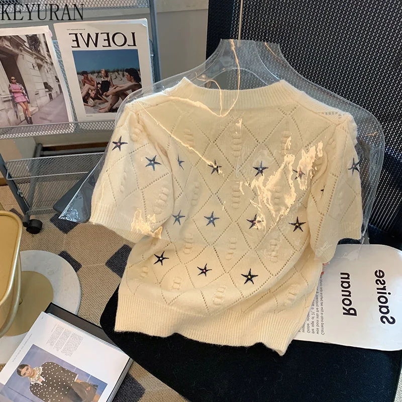 Star Embroidery Hollow-out Short Sleeve Sweater Women\'s Knitted T-Shirts Summer 2023 New Vintage O-Neck Knitwear Crop Tops Tees