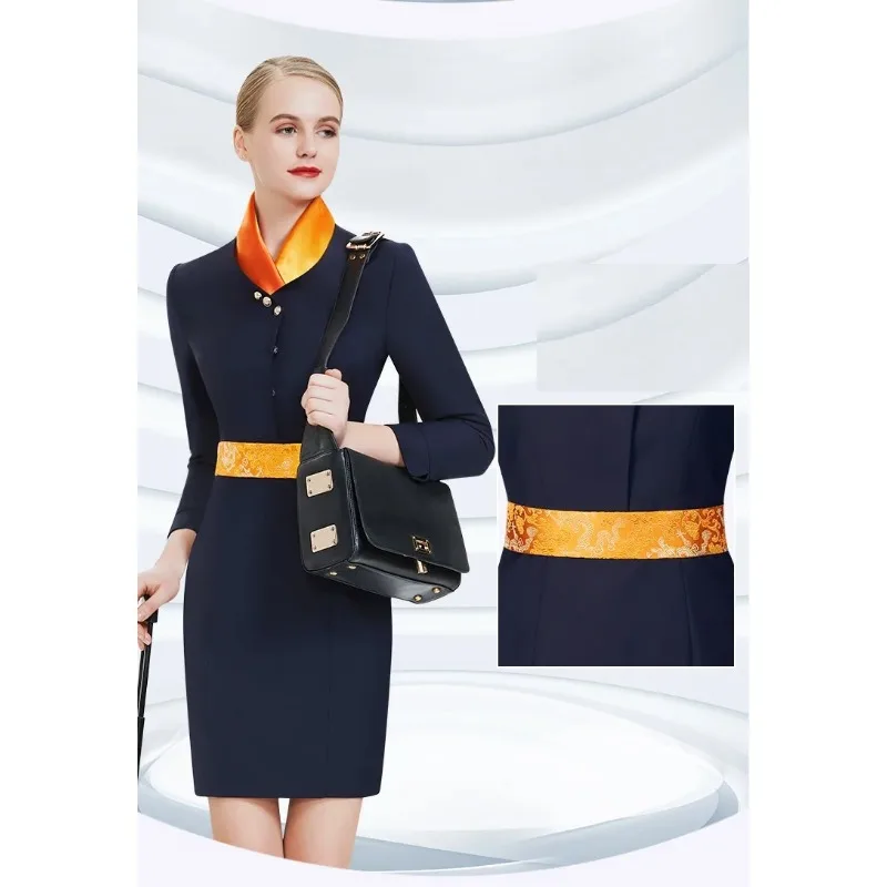 New Hot Sale Airlines Flight Stewardess Uniform Professional Suit Female Office Work Etiquette Clothes Navy Blue Dress