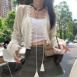 Elegant Thin Ice Silk Knitted Tops Women Summer Hollow Out V-neck Lace Up Blouses 2024 New Long Sleeve Loose Cardigan Mujer