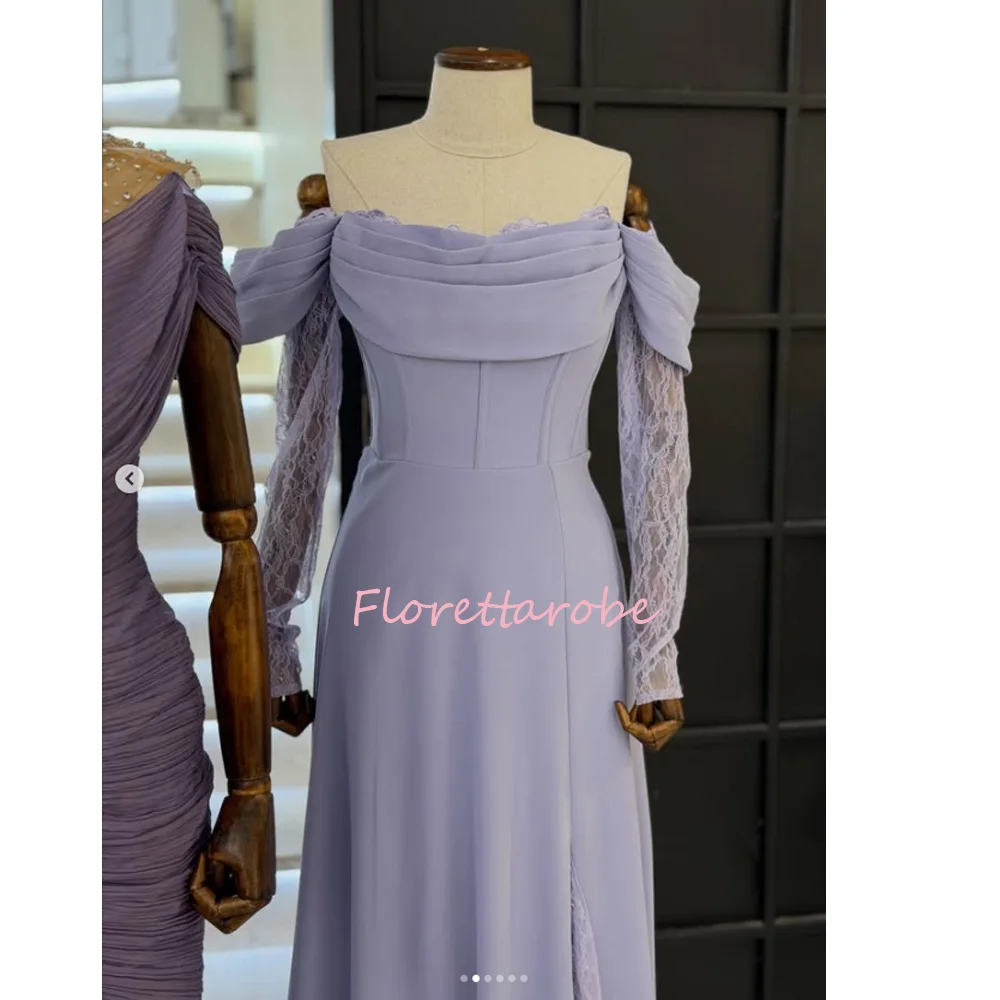 Women's A-line Mother Of The Groom Dresses Long Off The Shoulder Full Sleeve Mother of the Bride Dress  Lace Draped Customized