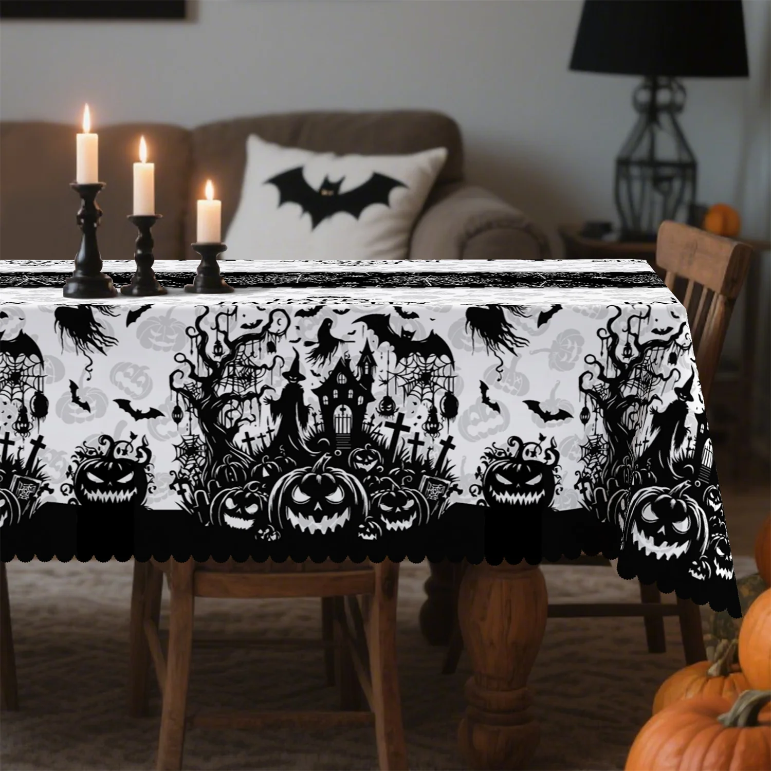 Pumpkin Castle Witch Skeleton Tree Bat Cave Cemetery Halloween Tablecloth – Table Decor, Perfect for Picnics