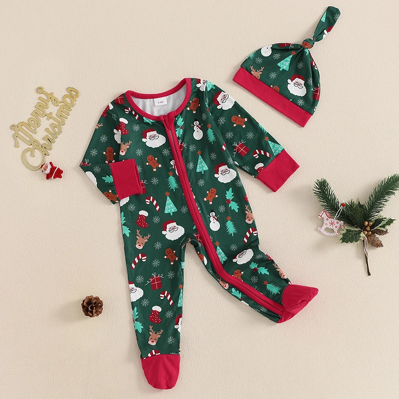 Suefunskry Baby Christmas Jumpsuit Zip Up Footies Round Neck Long Sleeve Christmas Elements Print Romper with Hat Outfits