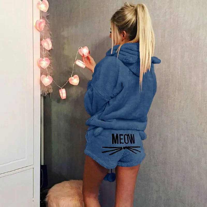 Women Coral Plush Sets 2024 Autumn Winter Warm Homewear Two Piece Set Sleepwear Cat Meow Pattern Hoodies Shorts Suit Female