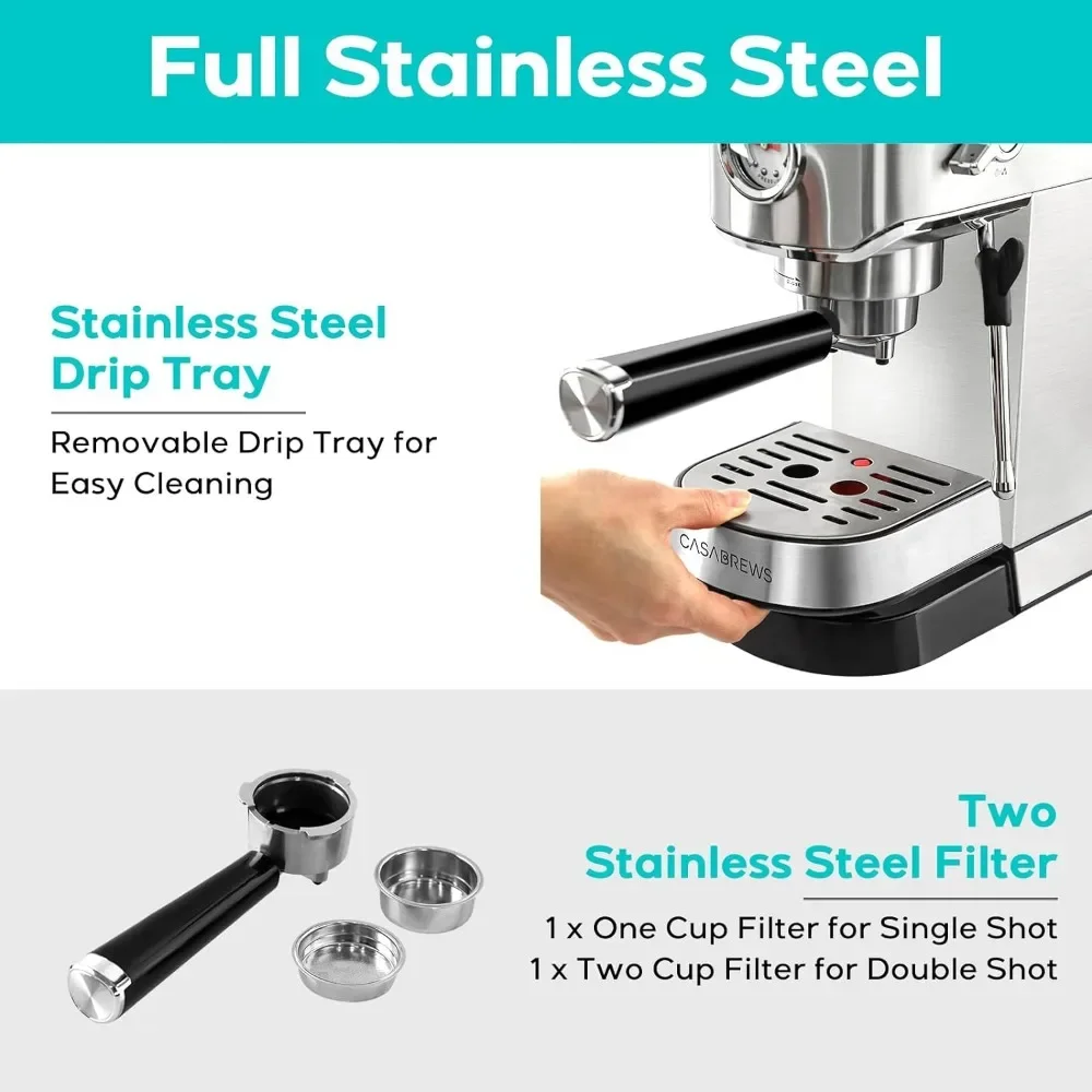 CASABREWS-Machine à Expresso Professionnelle, Appareil Compacte avec Mousseur à Lait et Baguette à Vapeur, 20 Bars