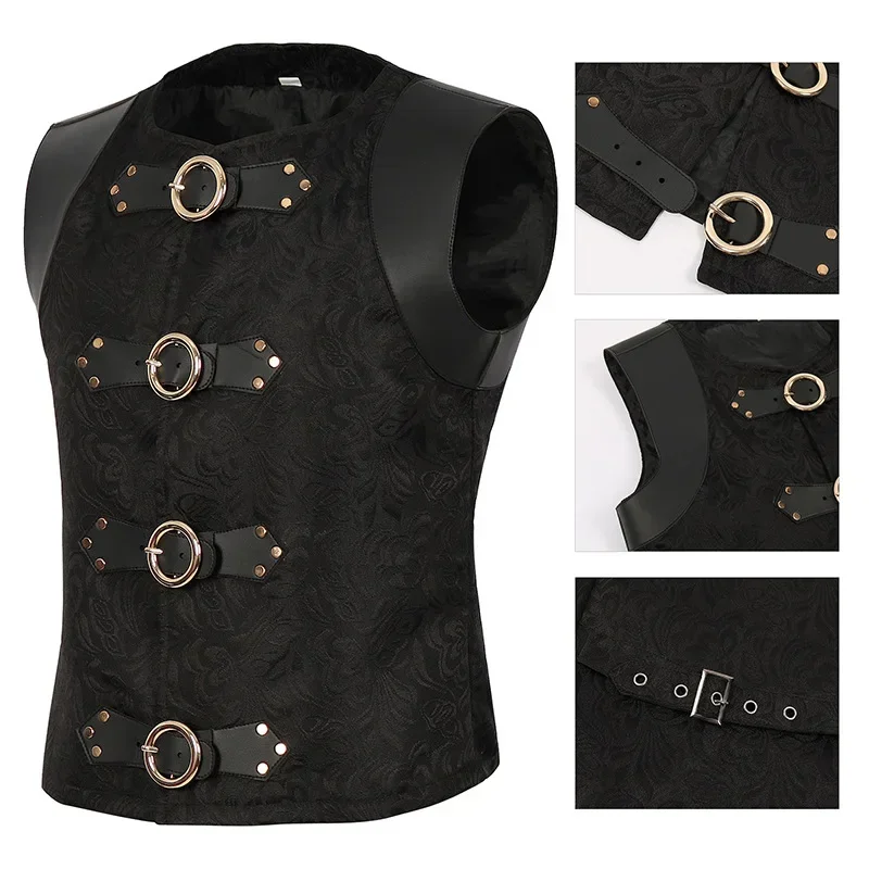 Men Suit Gilet Homme Black Belt Buckle & Lace Up Sleeveless Waistcoat Jacket Victorian Gothic Vintage Corset Vest Steampunk Vest