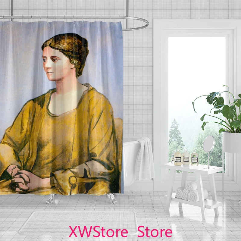 

Vintage Oil Painting Girl Shower Curtain Artistic Bath Decor Waterproof and Mildew Proof