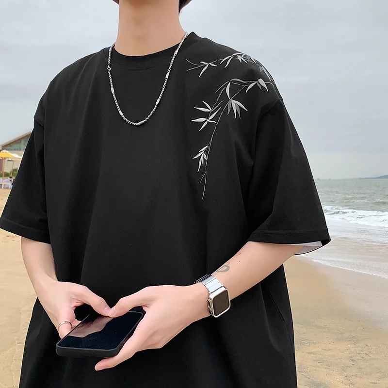 Bamboo Embroidered T Shirt Men Harajuku Streetwear T-Shirts Summer Short Sleeve Black White Loose Casual Tshirt Tees Top