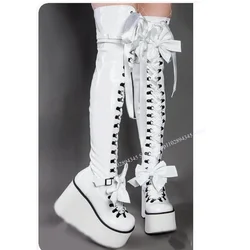 White Platform Wedge Bow Knot Boots Over Knee High Cross Strap Fashion Sexy Novel Style Summer 2023 Woman Shoes Zapatillas Mujer