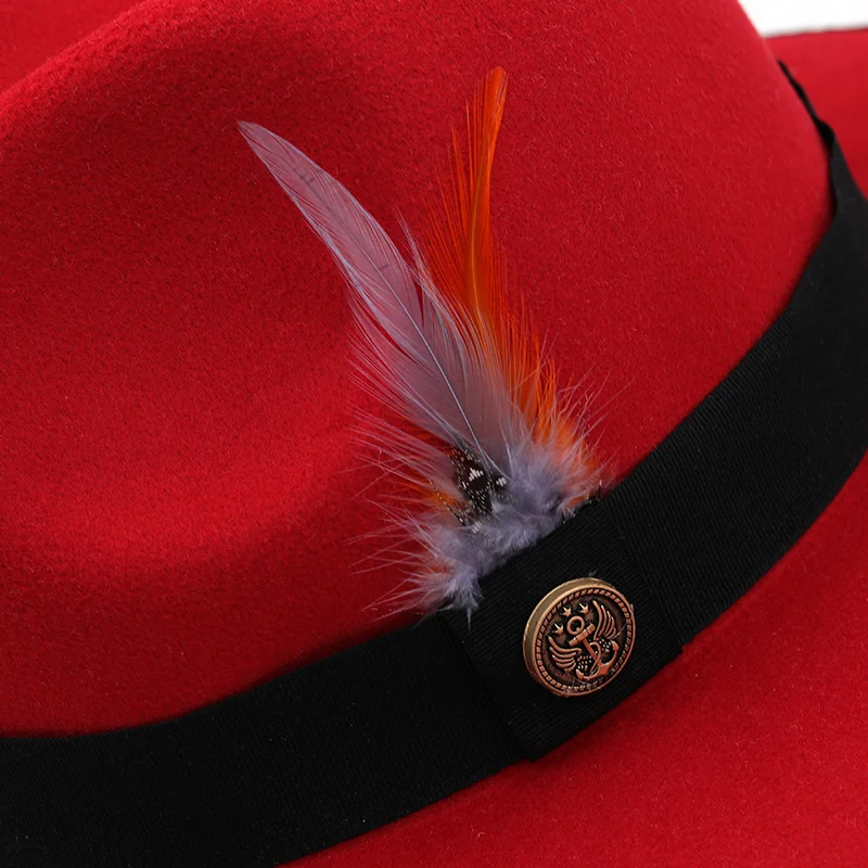 New Feather band Wool Felt Jazz Fedora Hat Women Unisex Wide Brim Panama Party Trilby Cowboy Cap Men Gentleman Wedding Hat