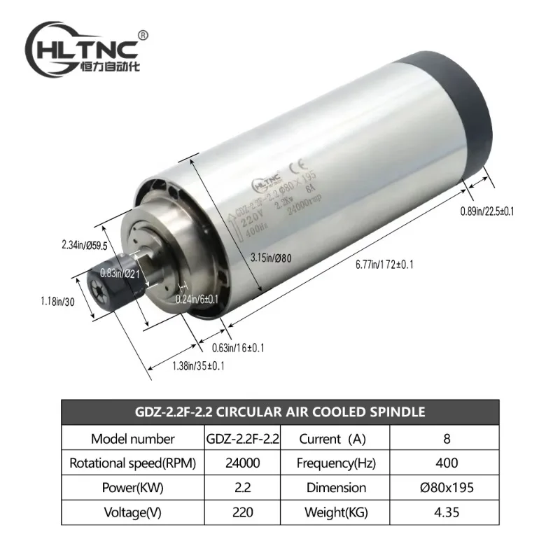 HLTNC high speed 24000rpm air water cooled 2.2kw ER20 metal milling spindle motor for cnc milling cnc spindle motor