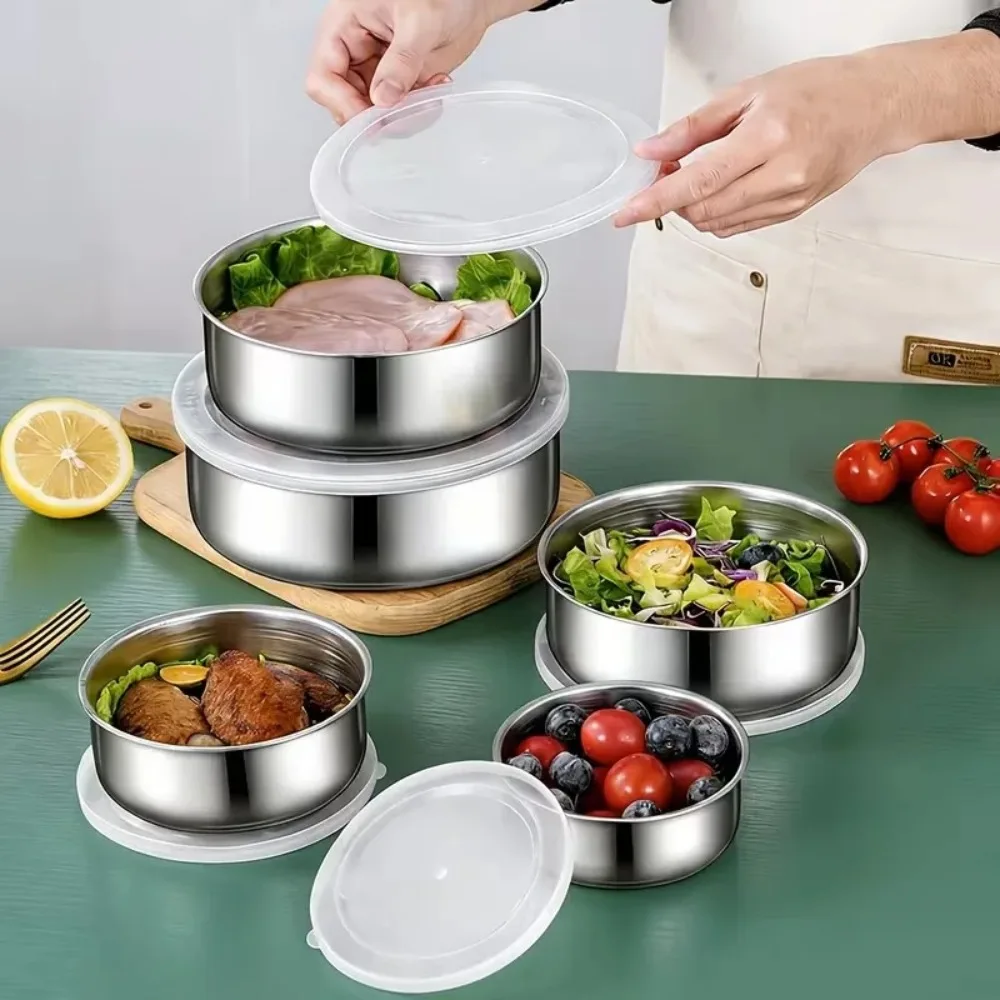 10Pcs Stainless Steel Food Storage Container Set (5 Boxes + 5 Lids) Round Bowl Air Fryer Liner Cutter Kitchen Accessories Tool
