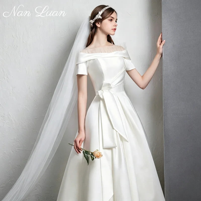 

2026 Off Shoulder Short Sleeve Satin Ball Gown Wedding Dress Floor-Length Vestidos de Novia Customized
