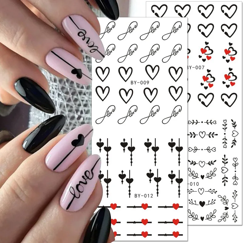 12pcs Love Heart Water Nail Decals Valentines Nail Stickers Rainbow Swirl Ribbon Wave Line Nail Art Stickers French Nail Sticker