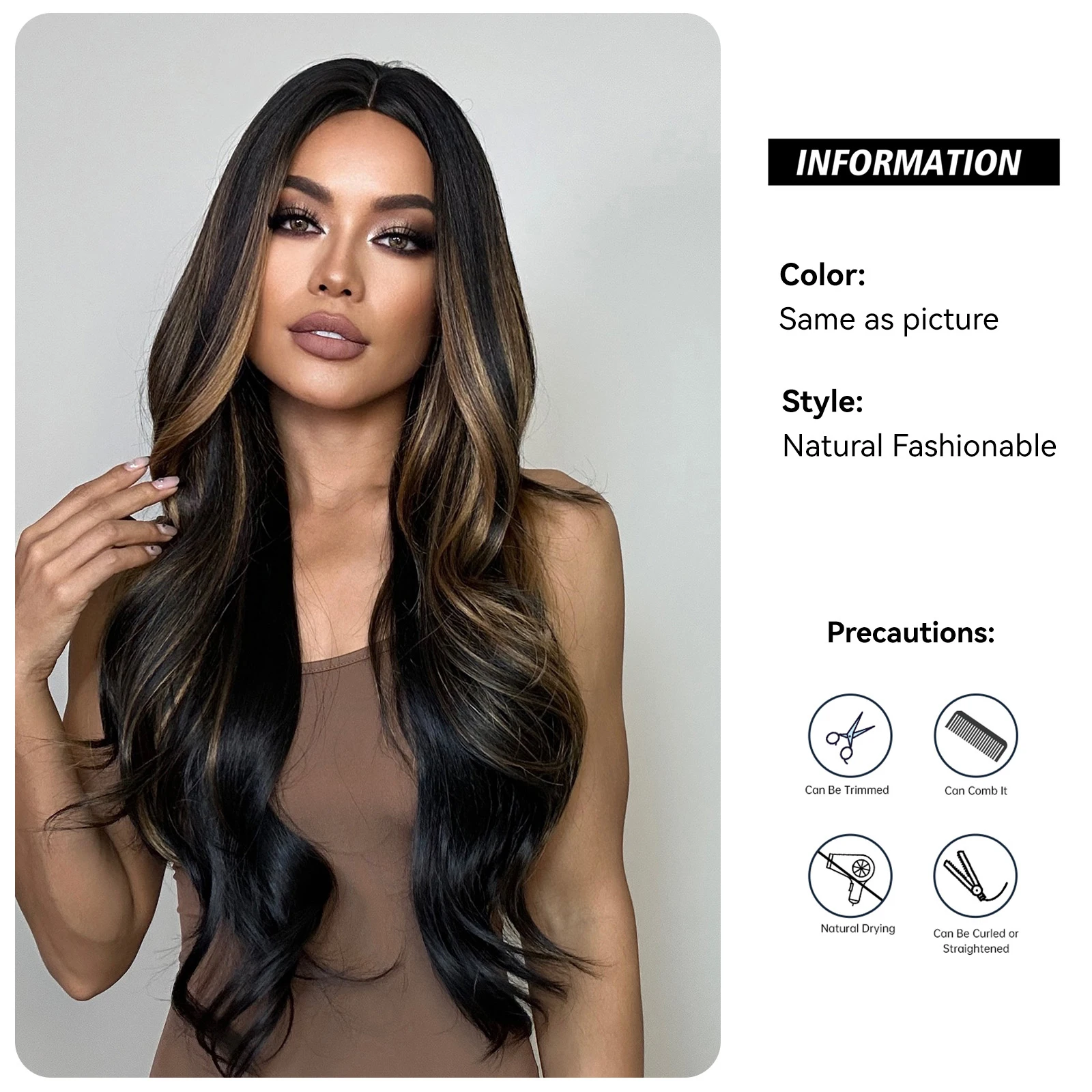 Black Brown Highlight Wig Synthetic Long Natural Wavy Hair Wigs for Black Women Middle Part Cosplay Daily Wig Heat Resistant