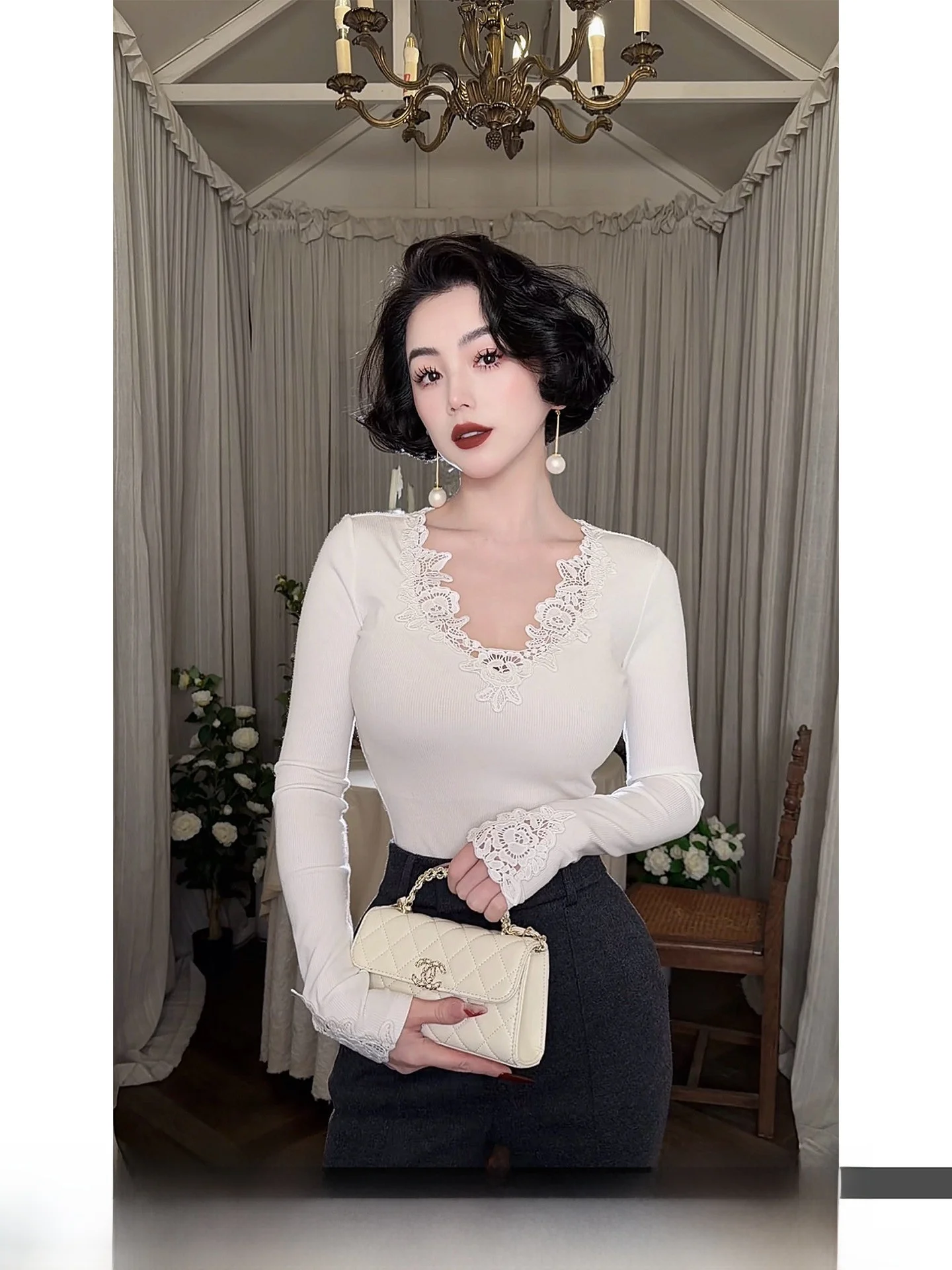 

LYXJ Morning Fog Seine Women's Lace Base irt Long Sve Slim Fit Sexy Inner Wear Casual Sle High Waist V-Ne T-irt