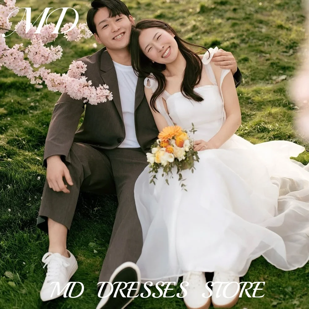 

MD Simple Bow Strap A-line Wedding Dresses Organza Square Collar Korea Photoshoot Floor-Length Bridal Gown Customized 2025 웨딩드레스