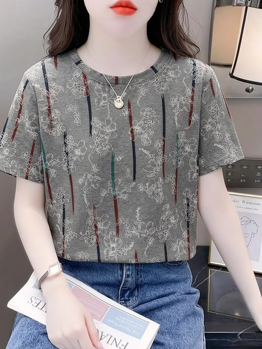 

Summer Trendy Short Sleeve T-Shirt Women's Premium Print Loose Fashionable Stylish Top Ladies' Casual Polyester Fiber