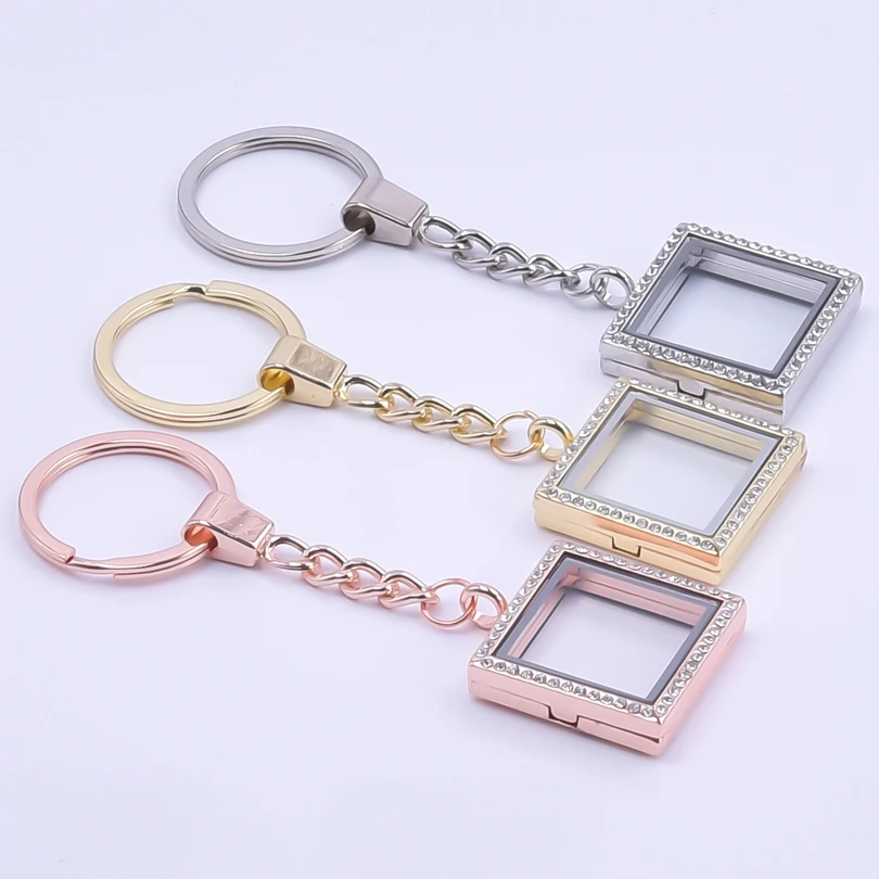 5PCS Square Shape Locket With Rhinestone Keychain Glass Floating Charm Jewelry Making Medallion Photo Keychain for Women Gifts