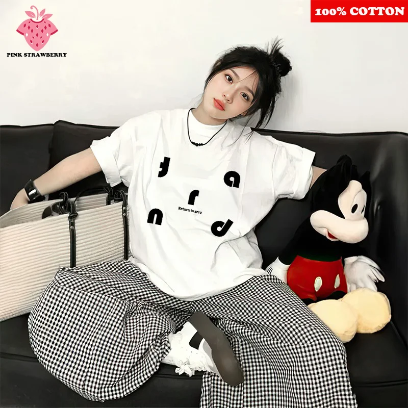 

Abstract Symbol White T-shirt Women Summer 2025 New 100% Cotton American style Short sleeves Loose Tee Y2k Tops Female clothes