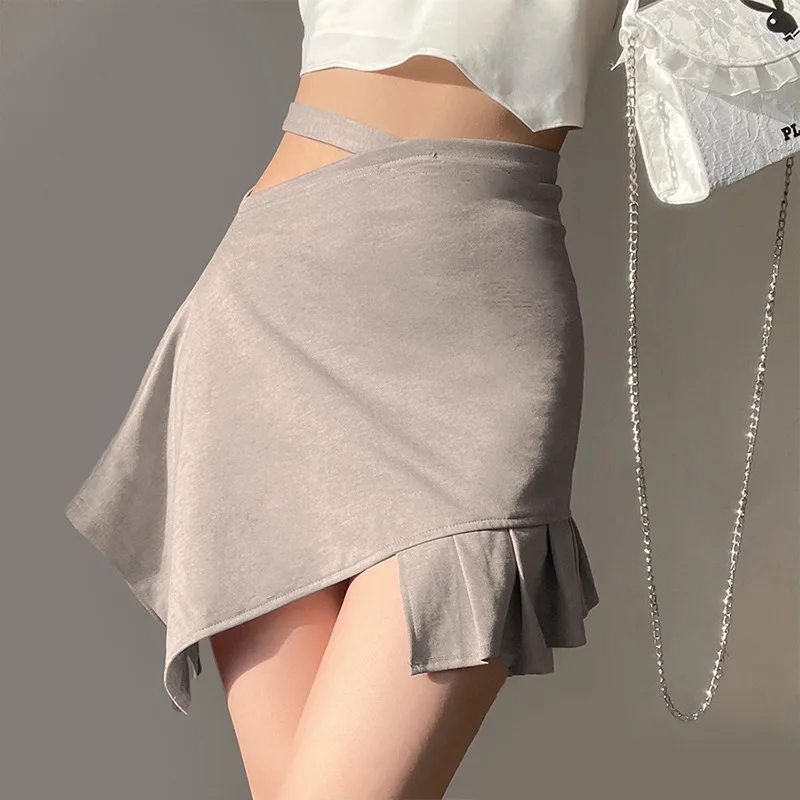 2022 New Fashion High Waist Asymmetric Solid A-Line Mini Skirt Women Summer New Simple Wild Party Vacation Office Lady Skirt