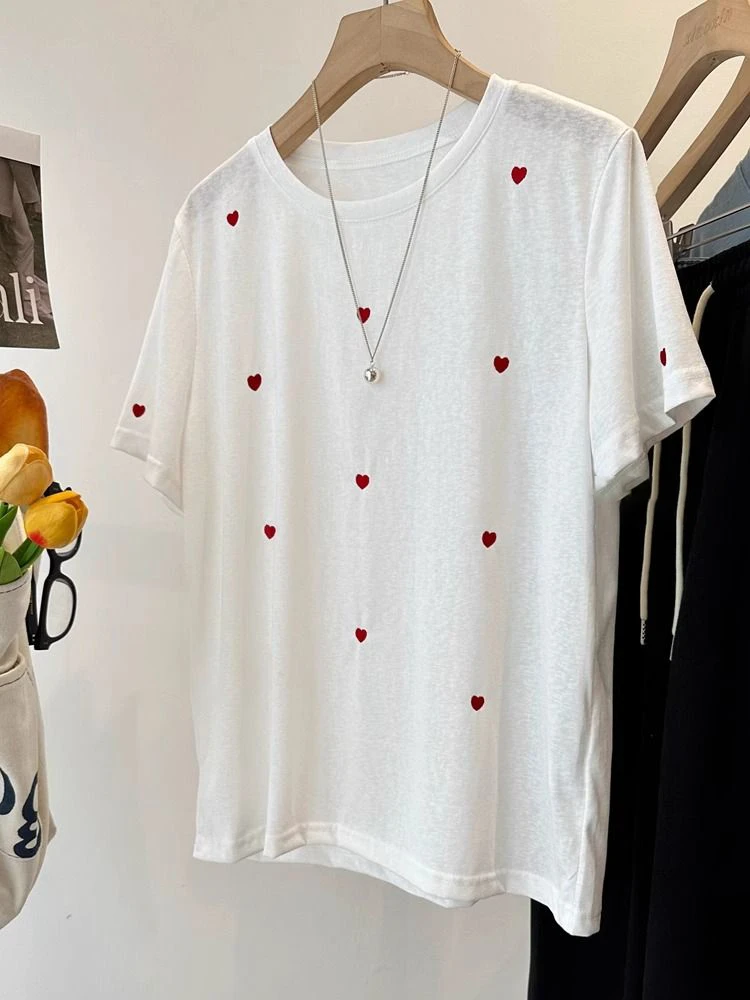 

Корейская хлопковая футболка с вышивкой Red Heart Snowflake ort Sve, женский летний свободный универсальный топ, легкий вес