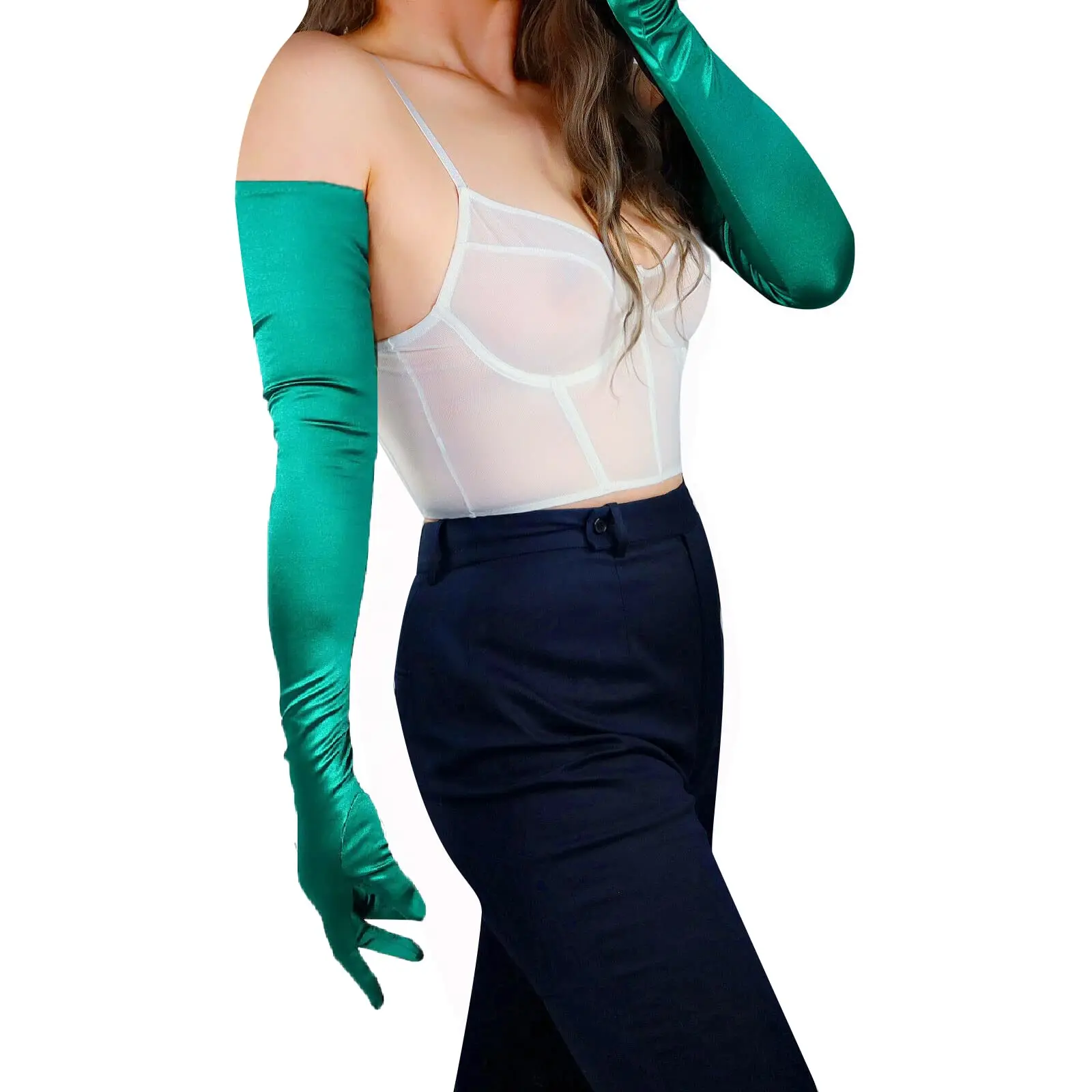Christmas Green GLOVES Satin Stretch Silk 70cm Shoulder Long Costume Opera Cosplay Halloween Evening Dress Fashion Wedding Glove