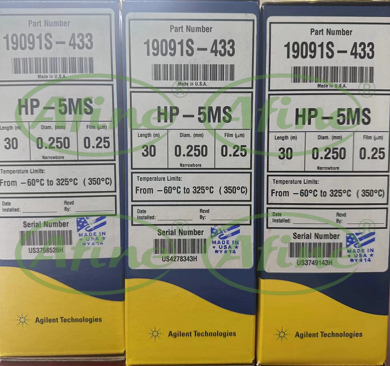 أعمدة AFINE HP-5ms 19091S-433,30 م، 0.25 مم، 0.25 ميكرومتر، رف عمود 7 بوصة لـ Agilent 5890,6890,7820,7890,8860,8890