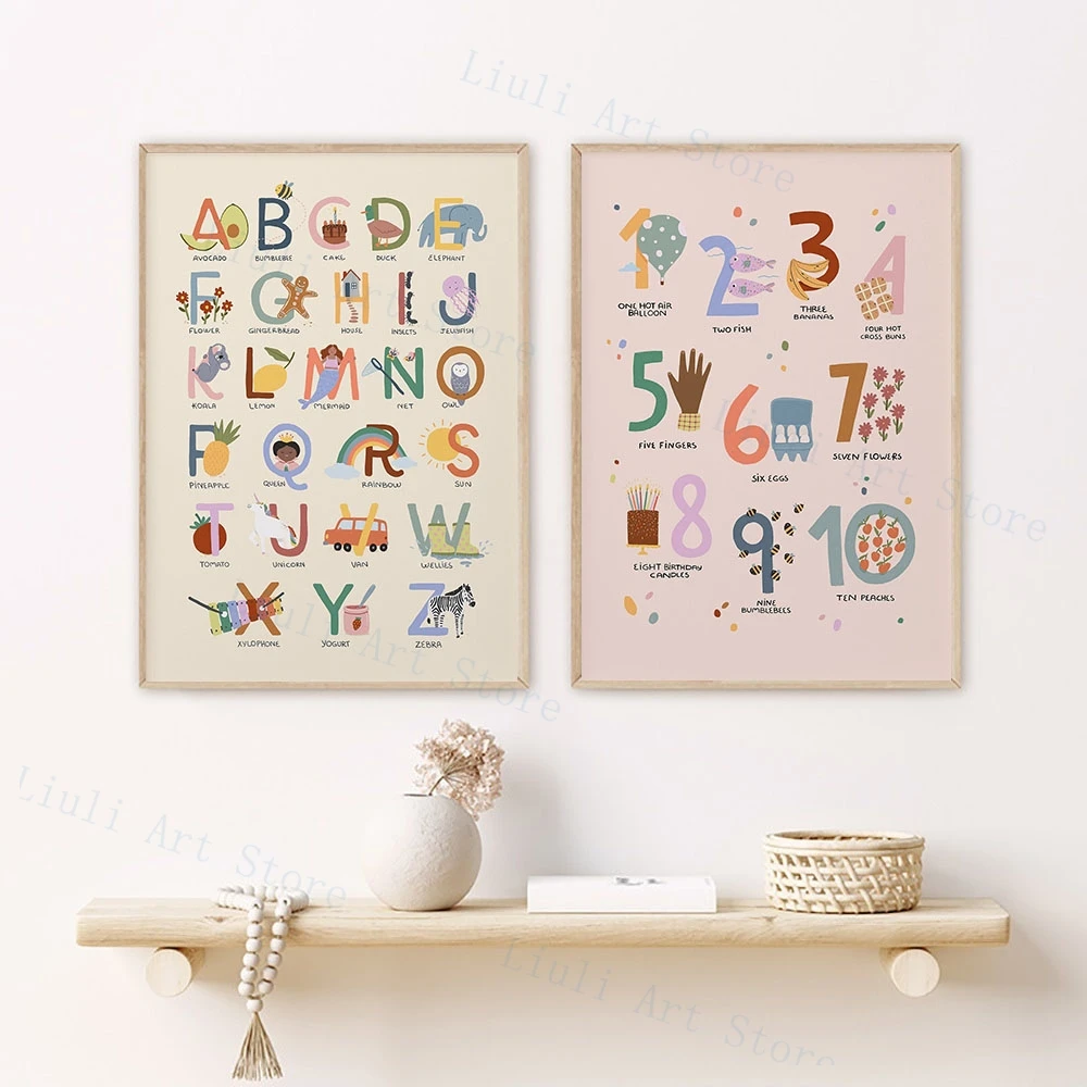 Boho Nursery ABC Alphabet Poster Wall Art Canvas Painting Print Playroom Pictures New Baby Girls Gift Kids Room Home Decoration