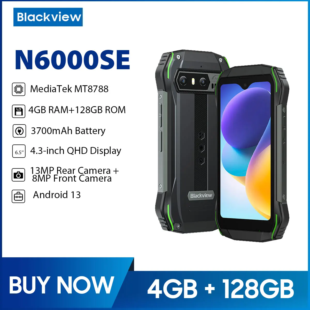 Blackview N6000SE Rugged Smartphone Mini 4.3'' Display MTK Octa Core Mobile Phone 4GB RAM 128GB 13MP Camera 3700mAh Android 13