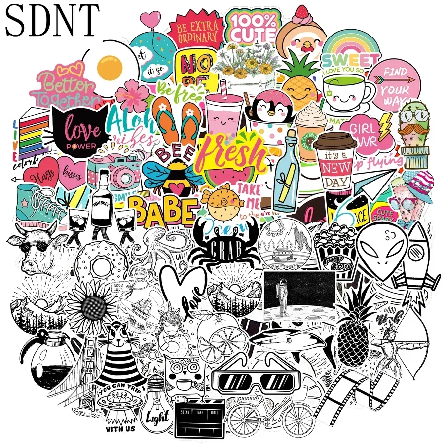 100 Pcs Girlish Wind Mix Black and White Cartoon Sticker for Kid Diy Laptop Skateboard Motorcycle Helmet Waterproof Cute Sticker