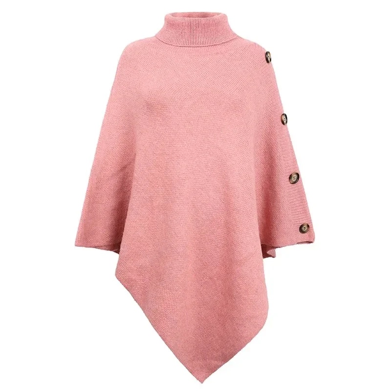 Fashion Autumn Winter Button Poncho Women Sweater Oversized Turtleneck Jumper Knitwear Holiday Vintage Cape Sleeve Red Cloak