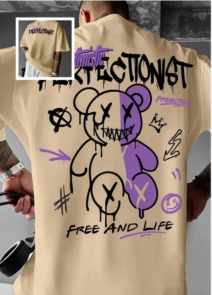 

Новая летняя мужская удобная и дышащая футболка с принтом плюшевого мишки и граффити с круглым вырезом. Это универсальная уличная ул.