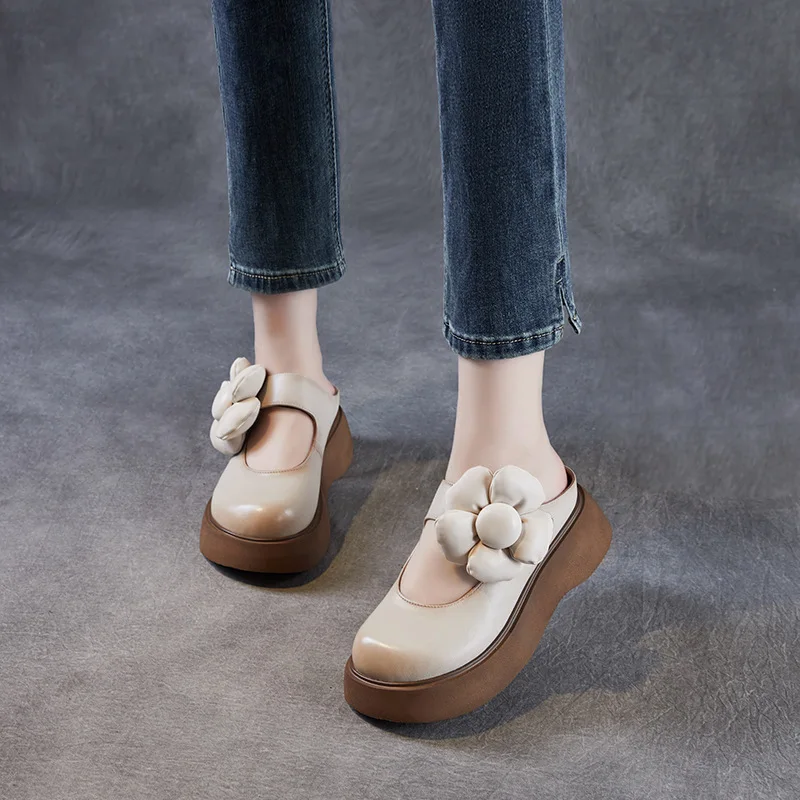 انفصال زهرة رئيس جلد طبيعي كعب سميك النعال المرأة الصيف نمط جديد صنادل أرضية أحذية مريحة الانزلاق على