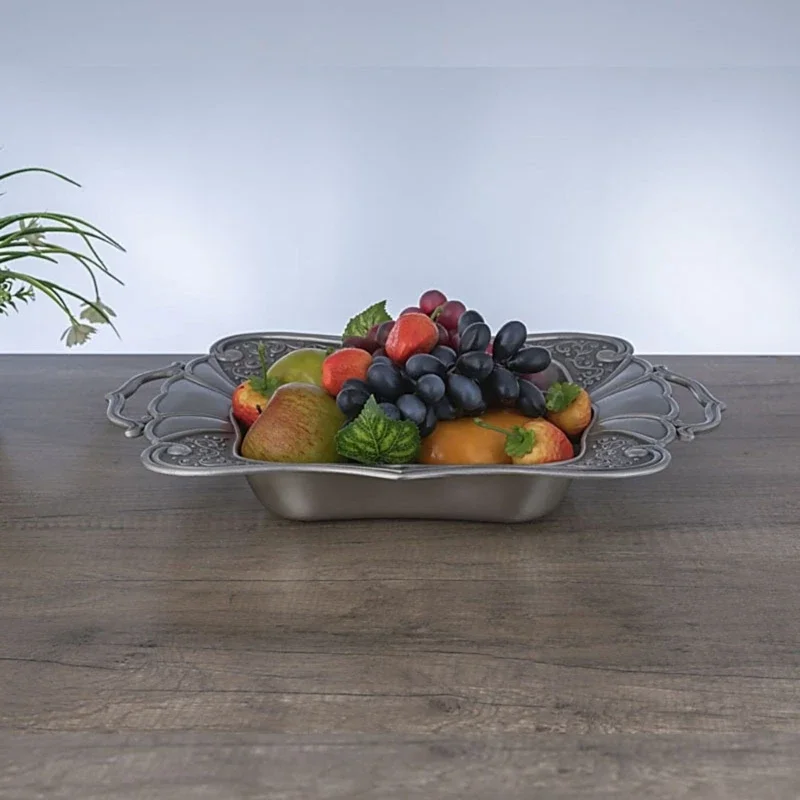 Decorative Metal Fruit Serving Tray with Embossed Border, Silver Snacks Display Platters with Handle for Coffee Table, and Y5GB